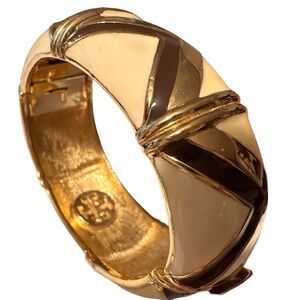 Tory Burch Cuff Bracelet – Brown, Gold & Ivory – Thick & Elegant